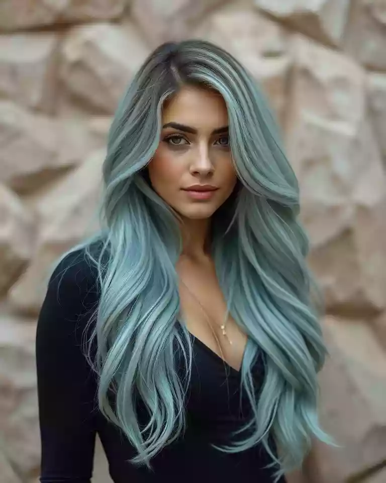 Young woman with long teal-blue hair in soft waves, wearing a black top, outdoors against a stone backdrop.