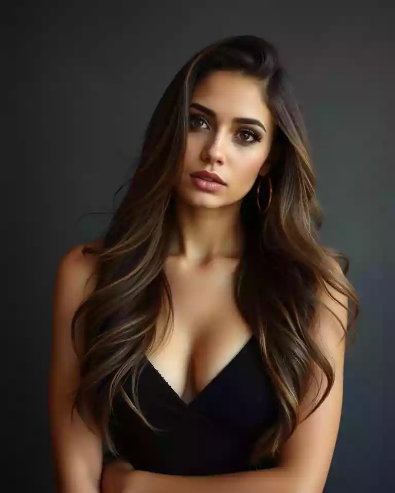 İlçede yaşayan escort bayan - Erzurum Escort Bayanlar - Eskort İlanları Portrait of a woman with long wavy brown hair wearing a black top against a dark gray background, looking at the camera with a subtle expression.
